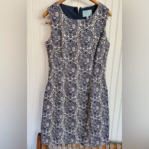 Skies Are Blue Dress Size Medium Navy and White Linen and Cotton